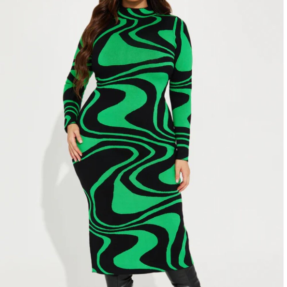 Fashion Nova Azaria Sweater Midi Dress - Black/Green 1X